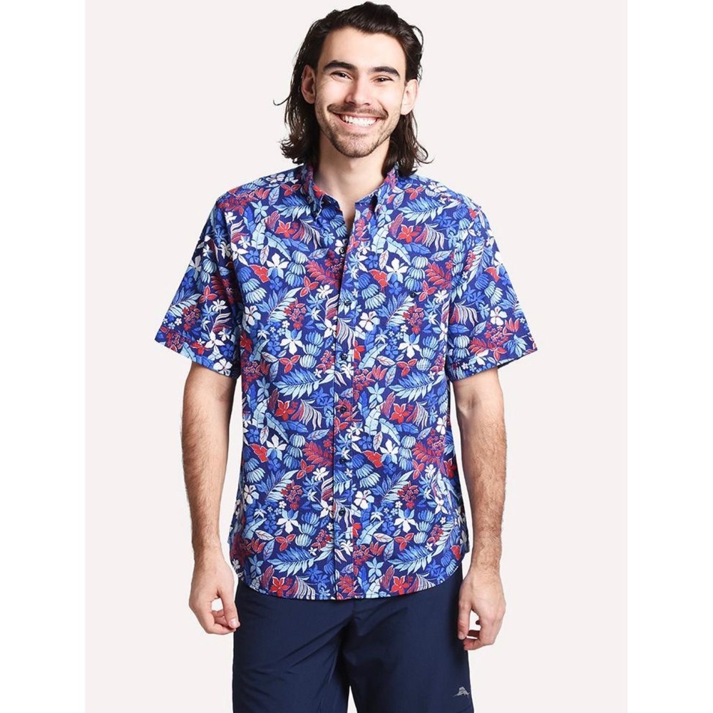 Tommy Bahama Mens Size XL Botticelli Toss Shirt Blue Tropical Seersucker Resort